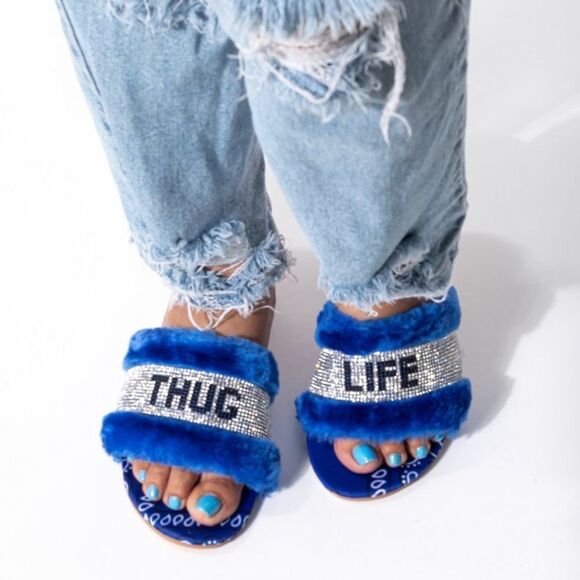 THUG LIFE Faux Fur Blue Bandana Slide - Picture 5 of 12